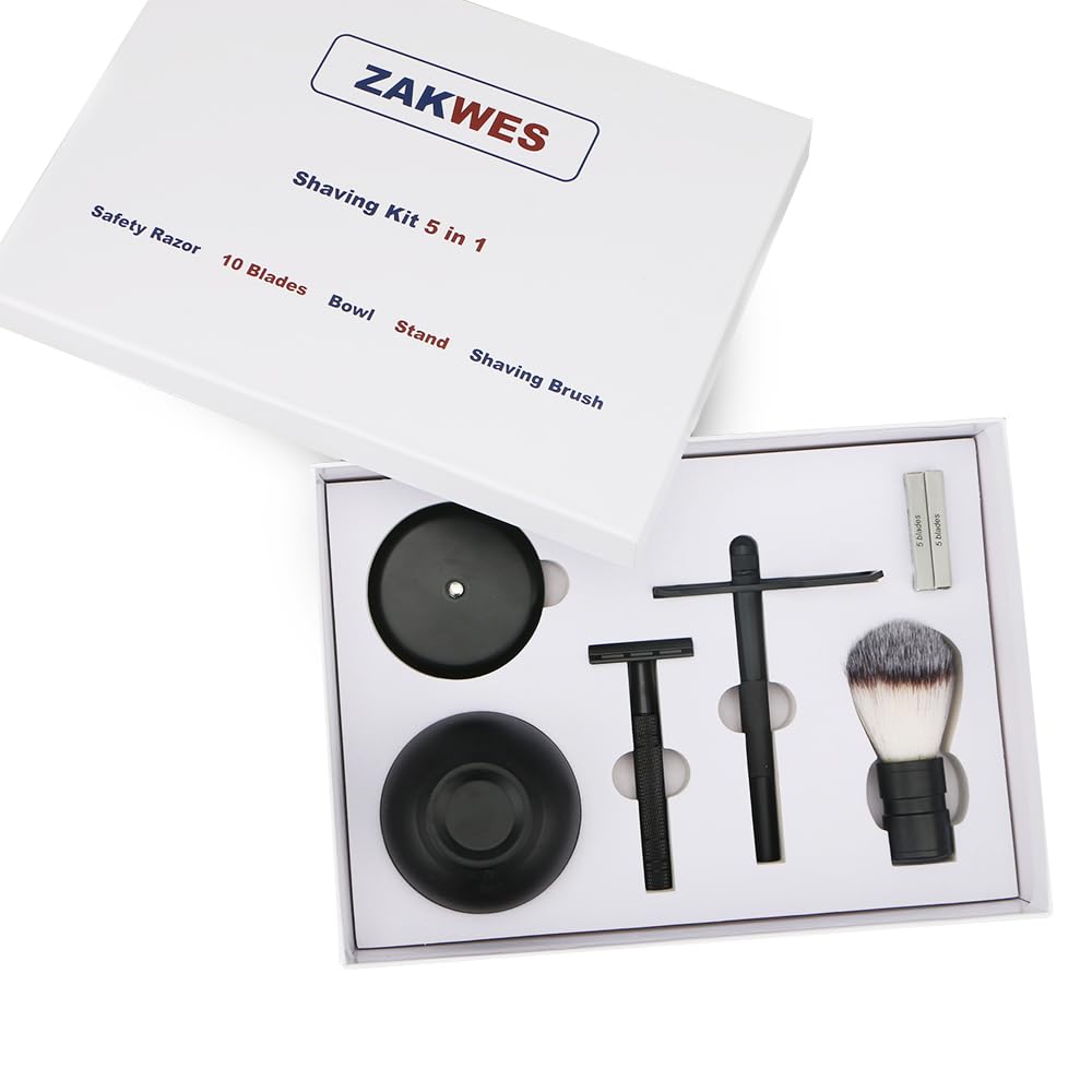 Men's Shaving & Grooming Set, Double Edge Safety Razor, Shaving Brush, Razor & Brush Stand,10 Blades, Shaving Bowl, Valentine Gift For Men, Gift for Fathers/Dads (Black).