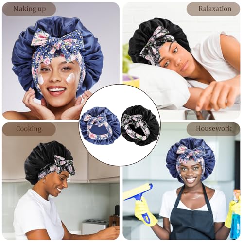 2Pcs Large Satin Sleep Bonnet with Adjustable Tie Bands - Black (Set of 2)