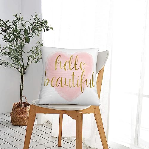 Hello Beautiful Throw Pillow Cover - Blush Pink Gold Watercolor Heart 16x16