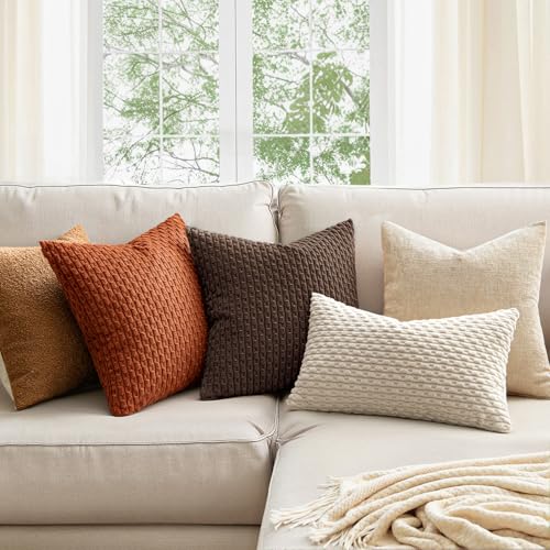 MIULEE 18x18 Decorative Corduroy Pillow Covers - Pack of 2, Dark Brown Striped for Modern Farmhouse Decor