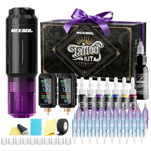 2 PCS 1600mAh Tattoo Batteries Tattoo Gun Kit - Wireless Tattoo Machine Kit, 20 Tattoo Cartridge Needles, Tattoo Ink Set, Full Tattoo Supplies for Beginners and Artists, Purple