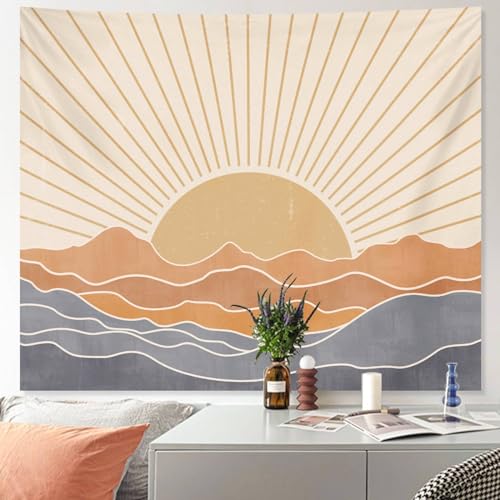 Boho Sun Tapestry Wall Hanging - Retro Vintage Fabric Art (60" x 79")