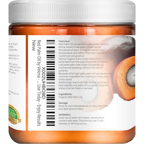 Velona USDA Organic Red Palm Oil - 8 fl oz, Virgin Cold Pressed in Jar