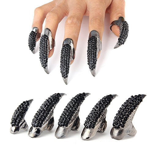 Bestga Black Halloween Crystal Claw Rings Cat Wolf Cosplay Paw Nails Set
