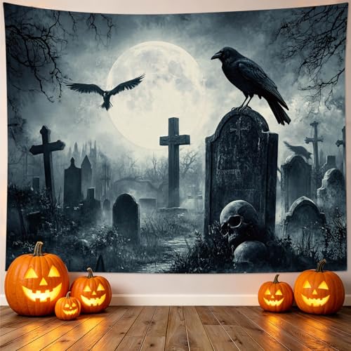Gothic Halloween Tapestry Wall Hanging | Scary Crow & Graveyard Decor, 60x40 In