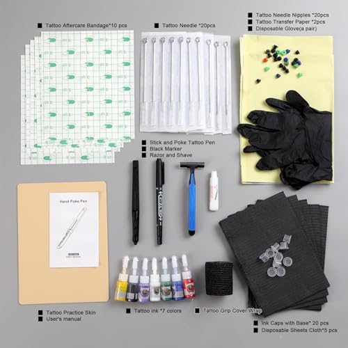 HAWINK DIY Tattoo Poke Stick Kit with 7 Ink & 20 Needles HW801TN01-1