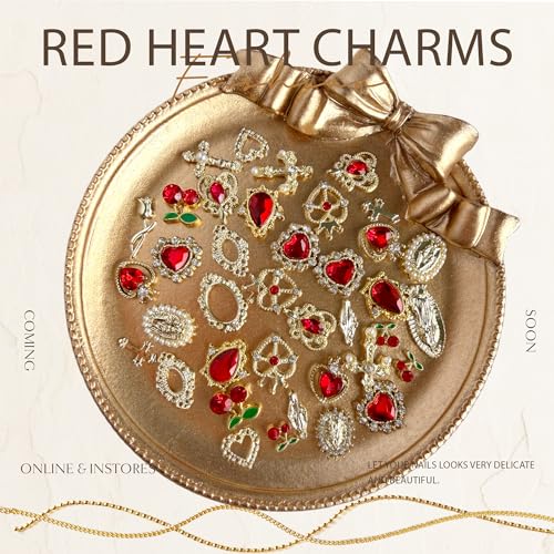 SilkRoselw 80pcs Gold Cross and Red Heart Nail Charms Set for Acrylic Nail Art