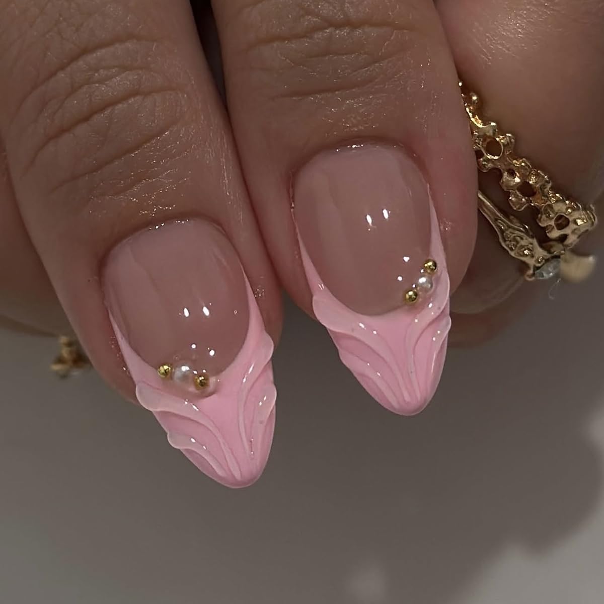 3D Pink Press-On Nails - Almond Medium False Nails with White French Tips & Gold Bead Flower Rhinestones | Cute Acrylic Nail Art for Spring