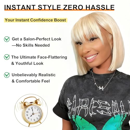 Blonde Bob Wig with Bangs for Women - Synthetic Daily Wear