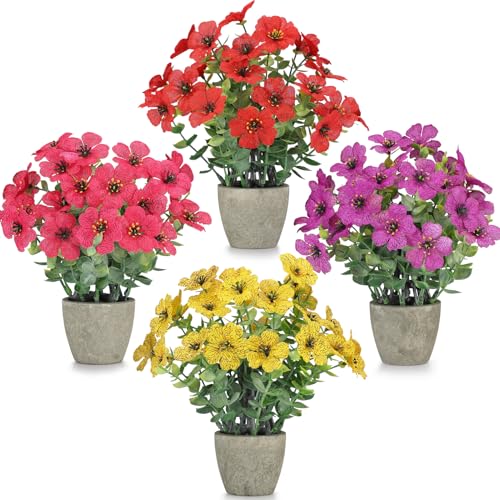 4 Pack Faux Daisy & Eucalyptus Potted Artificial Plants