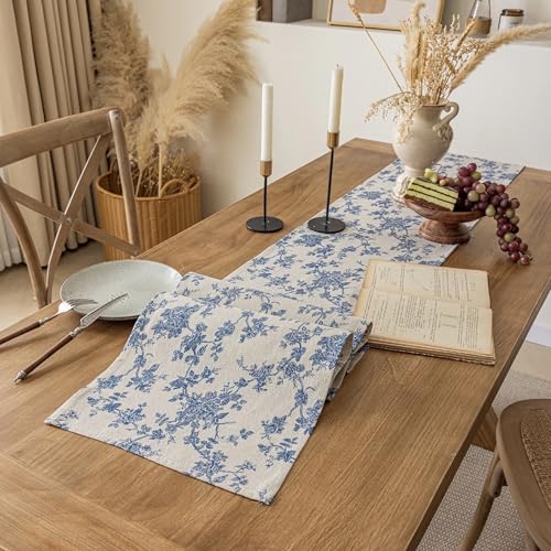 14x90 Inch Dark Blue Floral Table Runner - Washable & Wrinkle Resistant