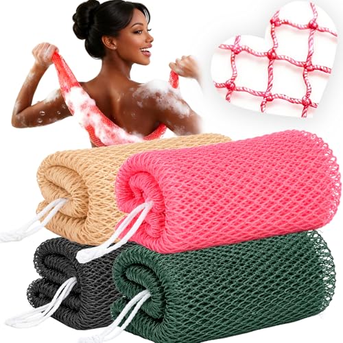 HAITOO African Net Sponge Exfoliating Body Scrubber - 4 Pack (Black, Olive Green, Pink, Champagne Gold)