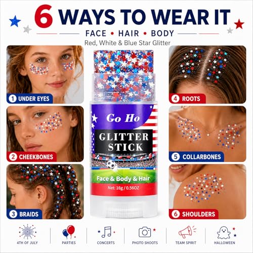 Go Ho Red White and Blue Star Face Glitter Stick,Waterproof Body&Hair Glitter,4th of July Accessories,Patriotic USA Flag Sparkle Stick for World Cup Soccer Game Independence Day 250 Anniversary Makeup