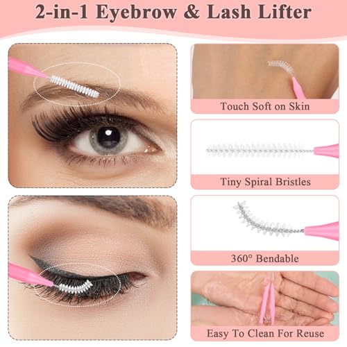 MAPVOLUT Pink 120pcs Micro Eyelash & Brow Brush Set with Cap for Makeup & Lamination