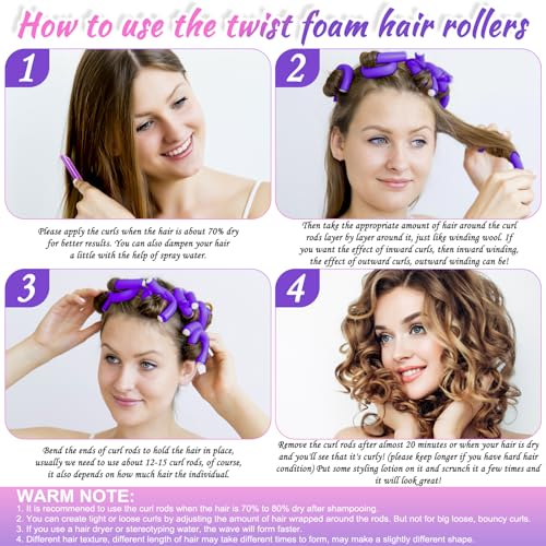 Selizo Purple Small Foam Hair Curlers 9.45" No-Heat Flexible Curling Rods