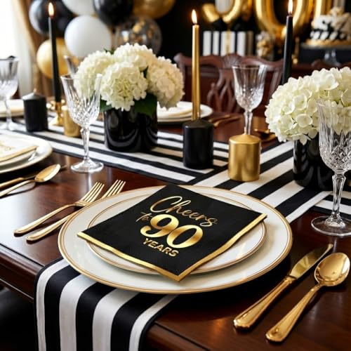 Cheers to 90 Years - 50PCS Black & Gold 3-Ply Cocktail Napkins