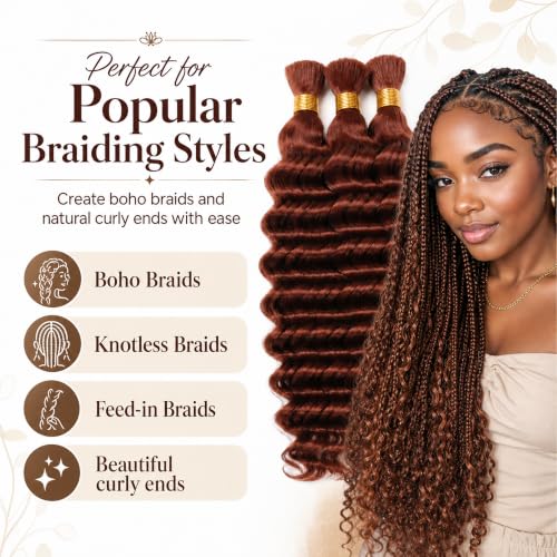 QEUOPE #33-BRD-D Human Hair Auburn Braiding Deep Wave 14" Bundles