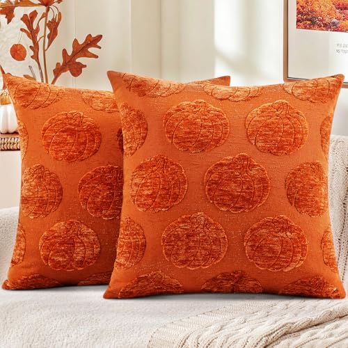 Chenille Pumpkin Throw Pillow Covers 18x18 - Set of 2 for Fall Decor
