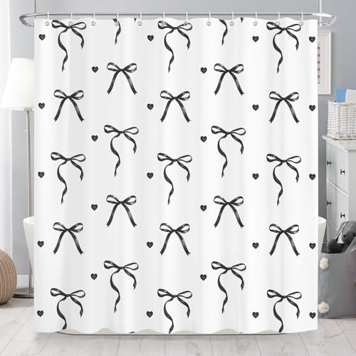 Dazzlewall Black Bow Shower Curtain - 72x72 in, Water-Resistant, Easy Install