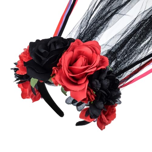 Day of The Dead Flower Headband with Red Black Veil Halloween Costume Accessory