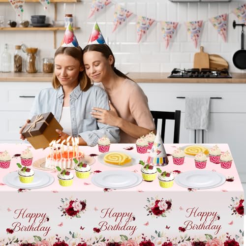 Burgundy Floral Tablecloths - 3 Pack 108x54 inch for Birthday Parties