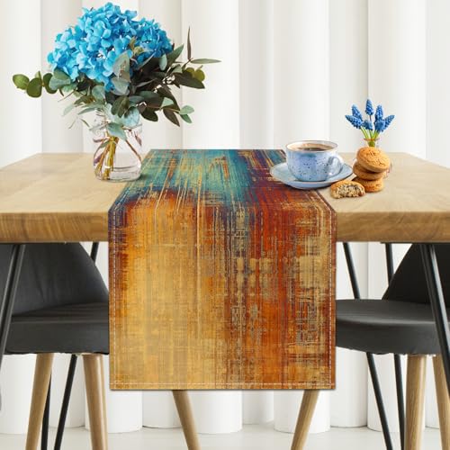 Burnt Orange and Blue Vintage Table Runner - 71in Polyester