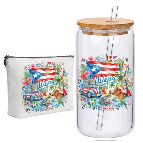 Festkulux 16oz Puerto Rico Glass Water Mug with Bamboo Lid & Straw, Cultural Gift Set