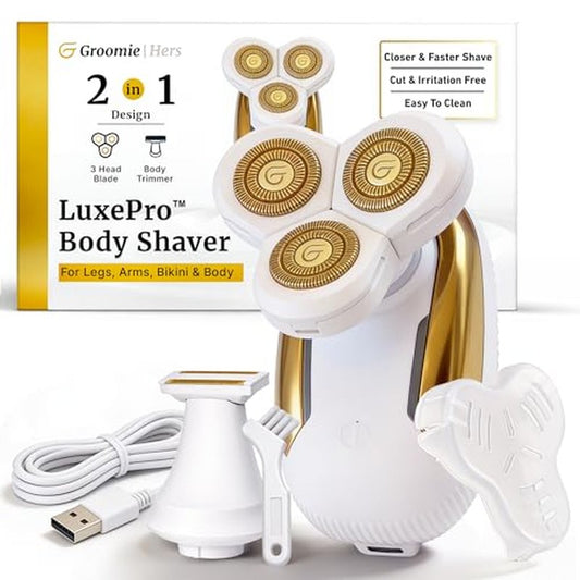 Groomie Hers LuxePro Electric Body Shaver for Women ? Women's Rotary Shaver, Razors for Women Sensitive Skin, Wet/Dry Cordless Rechargeable Hair Remover for Legs, Head, Arms & Underarms