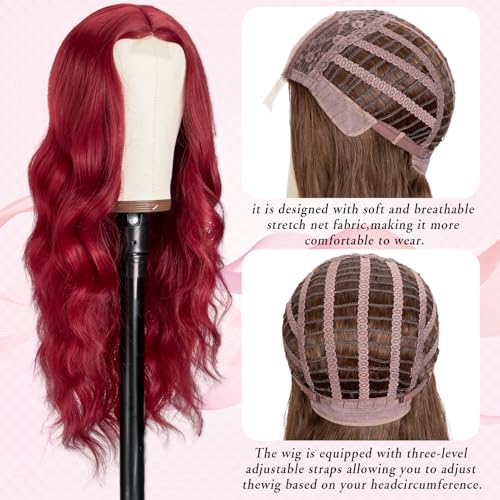 MYQUEEN 26-Inch Red Wavy Lace Front Wig for Women - Glueless Long Curly Synthetic Hair