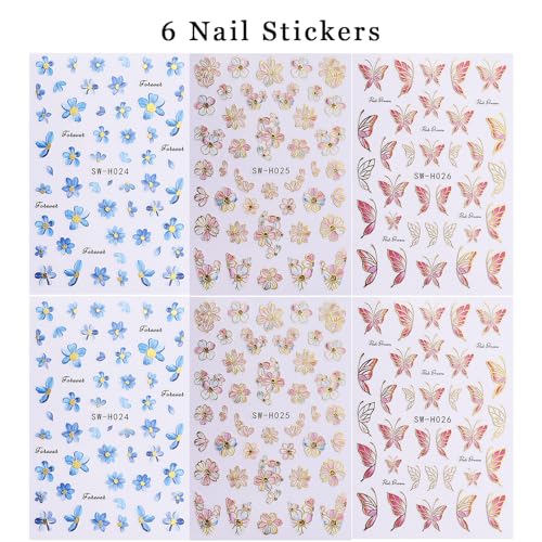 GCSQW Flower Butterfly-4 Nail Art Stickers 6 Sheets Spring & Summer Design