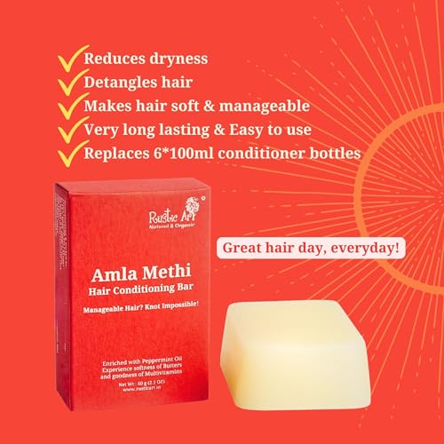 Rustic Art Amla Methi Hair Conditioning Bar - All Hair Types, Frizz Control & Shine, 60g