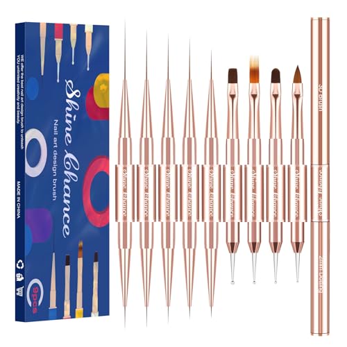 Shine Chance 9-Piece Professional Nail Art Brush Set, Rosegold Double-Ended