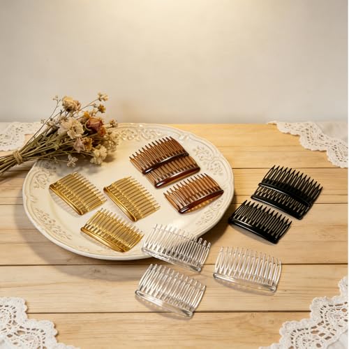ELLOPH 12 Pack French Hair Combs for Women - Black, White, Brown, Decorative Side Hair Clips for Bridal & Updos, 14 Teeth, Fine & Thin Hair