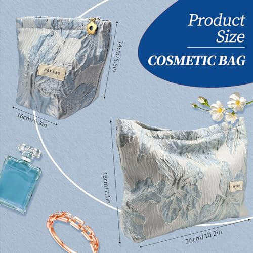 Blue Sculptured Flower Makeup Bag Set - Large & Small Canvas Pouches