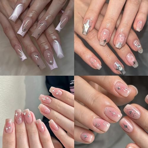 7 Sheets Metallic Silver Nail Stickers – 3D Star & Butterfly Designs