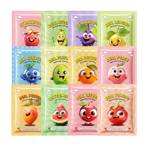 12 Pack Fruit Face Masks for Kids – Hydrating, Gentle Sheet Masks