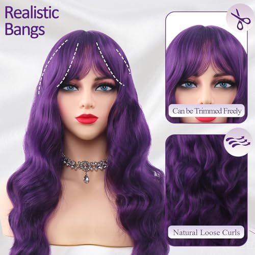 Purple 26 Inch Long Wavy Wig with Bangs - Heat Resistant Synthetic
