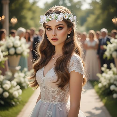 Women's White Floral Crown Headband - Adjustable Halo Headpiece F