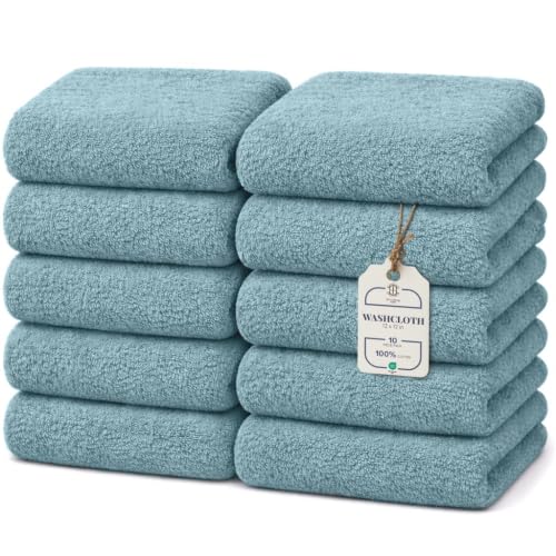 HomeBurg Teal Cotton Washcloths 10-Pack - Soft, Absorbent Bathroom & Kitchen Towels, 12x12 Inches