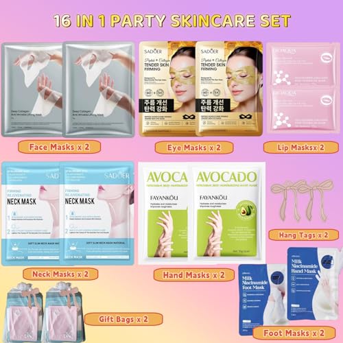 16-Piece Girls Spa Party Supplies Kit - Facial, Hand & Foot Mask Gift Set