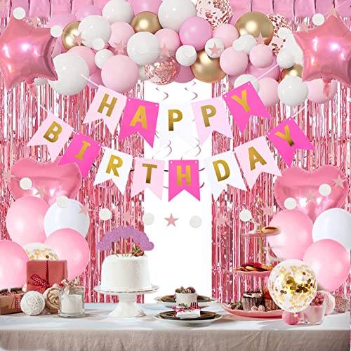 Pink Gold Birthday Decorations Set for Women & Girls - Banner, Balloons, Curtains & More