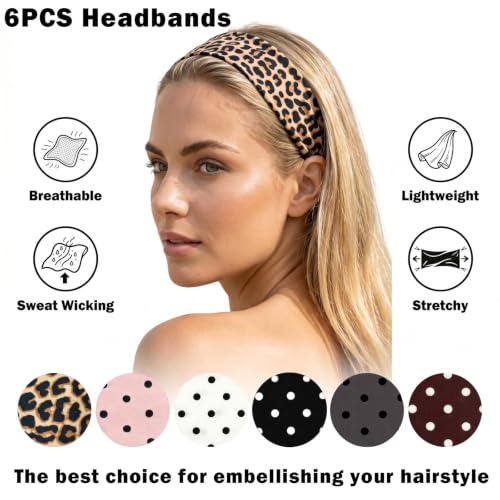 Miskate 6-Pack Polka Dot Headbands - Cotton Stretchy Women’s Hair Accessories (Pink Black Grey, 2" Wide)