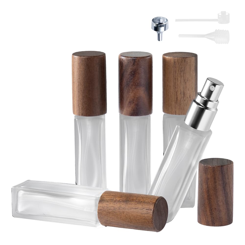 Cryslora Perfume Atomizer, Glass Perfume Container,Travel Bottle Refillable, Empty Portable Leakproof Fragrance Spray Bottle (Walnut 5pcs 10ml/0.3oz)