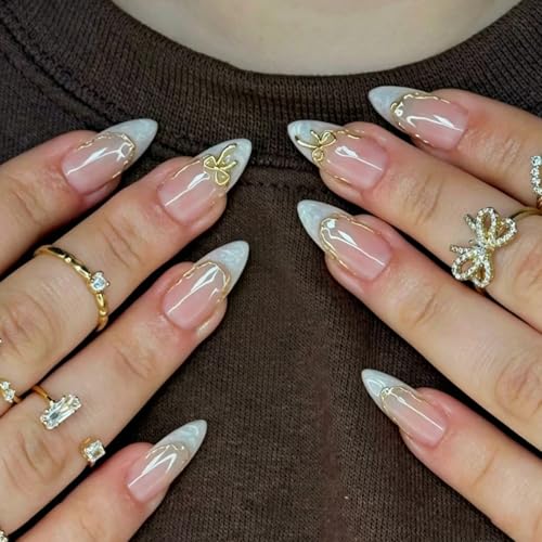 Sutaozhi French Tip Summer Nails Kit - 12 Medium Almond Fake Nails with 3D Bow & Gold Line Design, Glue-On False Nails for Women, 24Pcs