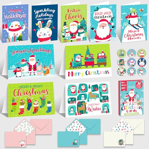 Decorably 36 Pack Kids Christmas Cards with Envelopes - 9 Fun Designs