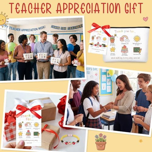 Thank You Teacher Gift Set - 8 Makeup Bags, Apple Bracelets & Cards