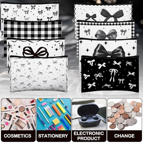 Black Bow Makeup Bags Set - 8 Floral Canvas Cosmetic Pouches for Women & Bridesmaids
