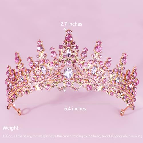 Pink Crown for Women - Crystal Queen Tiara for Weddings & Parties