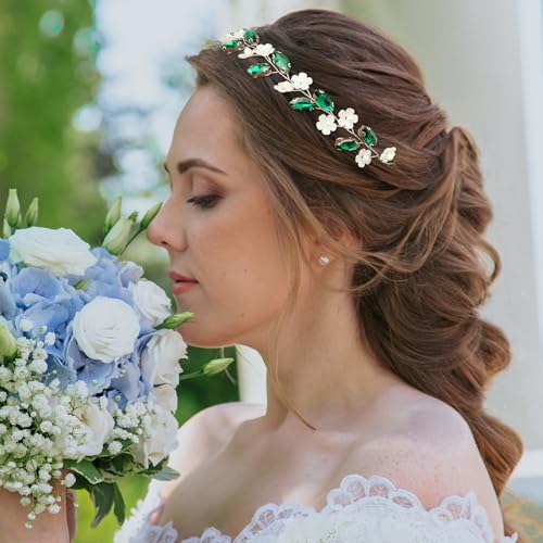 BETITETO Green Crystal Silver Vine Bridal Flower Hair Vine Headpiece for Wedding & Special Occasions
