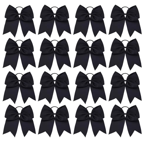 Chiduerm 16 Pcs Large Black Cheer Hair Bows with Elastic Bands - Handmade Ponytail Holders for Girls & Cheerleading